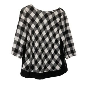 J Jill Womens‎ Gingham Linen Top L Black White Checkered Relaxed Fit Classic